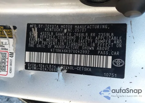 2007 Toyota Camry Se V6 из США, поврежденный, VIN 4T1BK46K97U042992